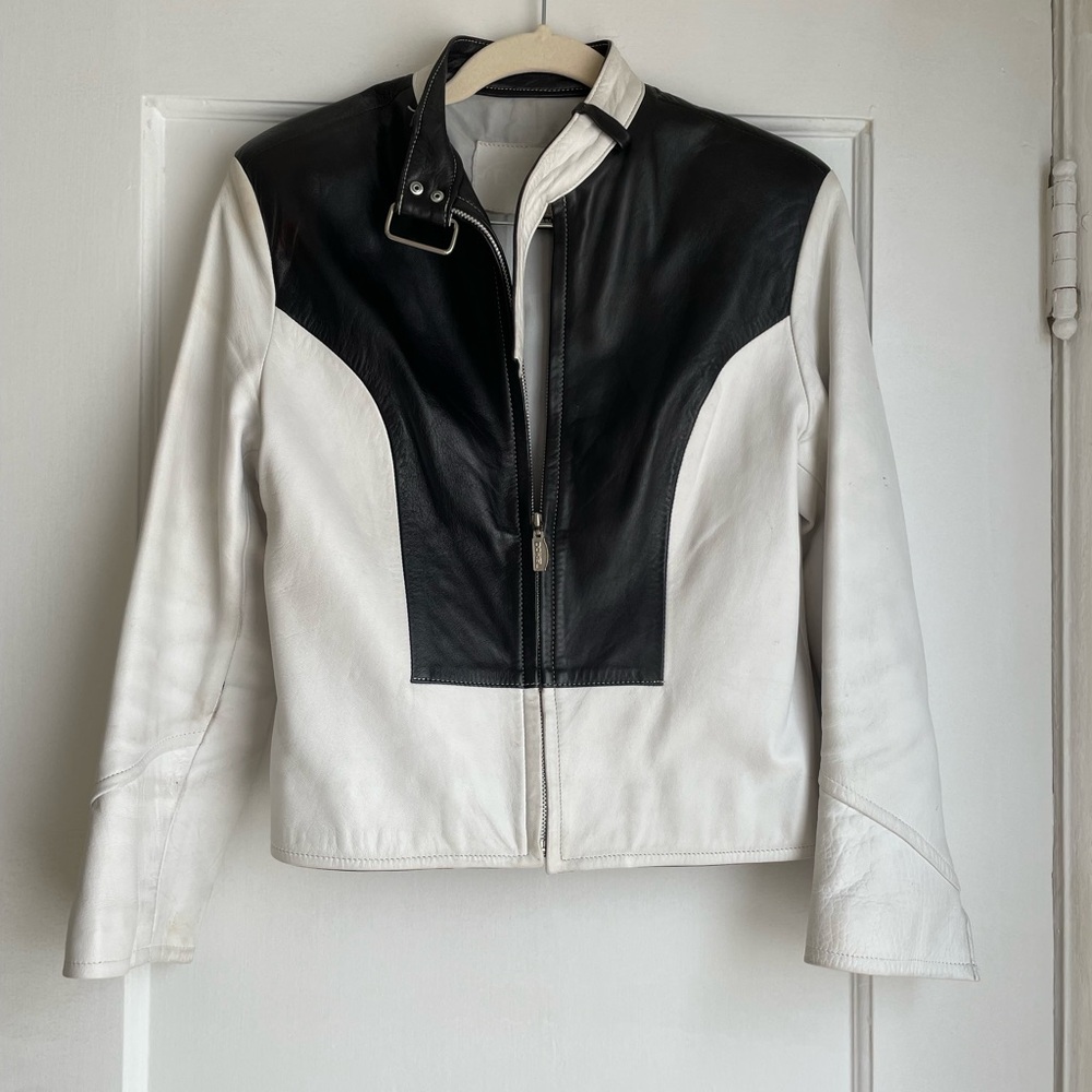 Black and White Genuine Leather Women's Moto Jacket